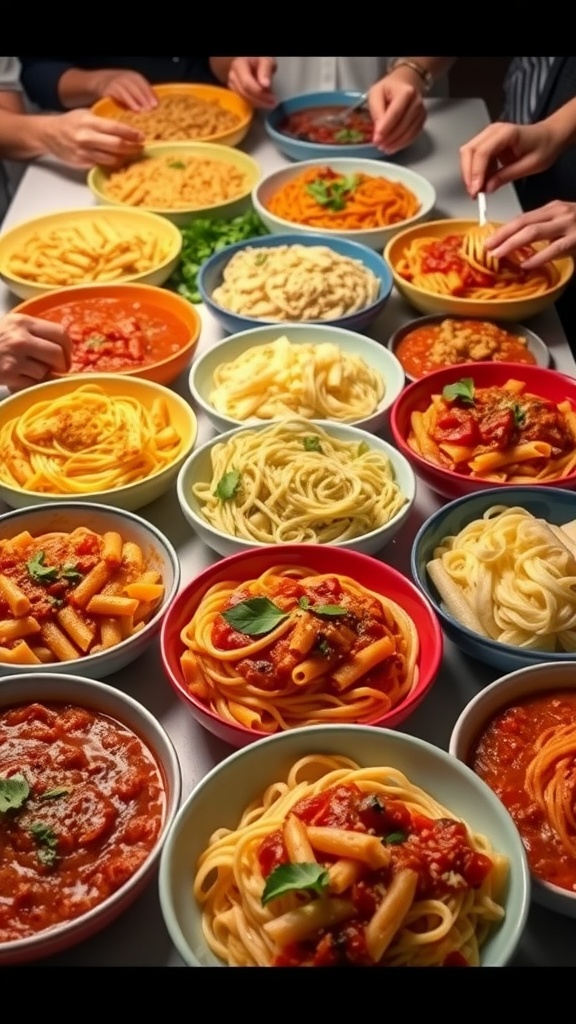 A vibrant pasta mukbang with an assortment of spaghetti, penne, and fettuccine topped with various sauces, set on a lively table.